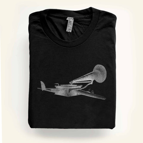 Silver Gramophone on Black t-shirt